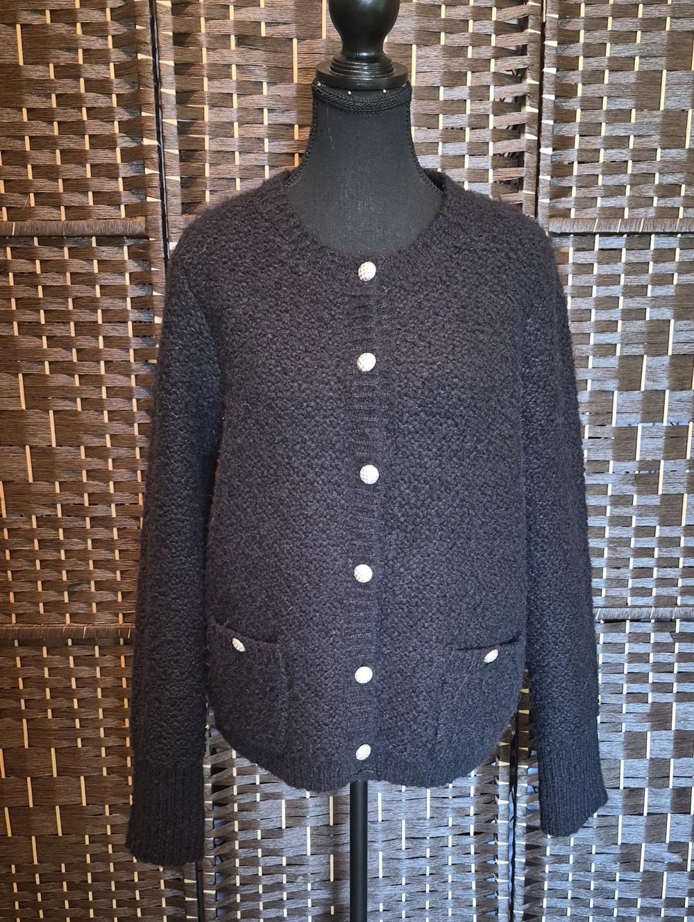 Tahari Black Bouclé Knit Button Cardigan Jacket